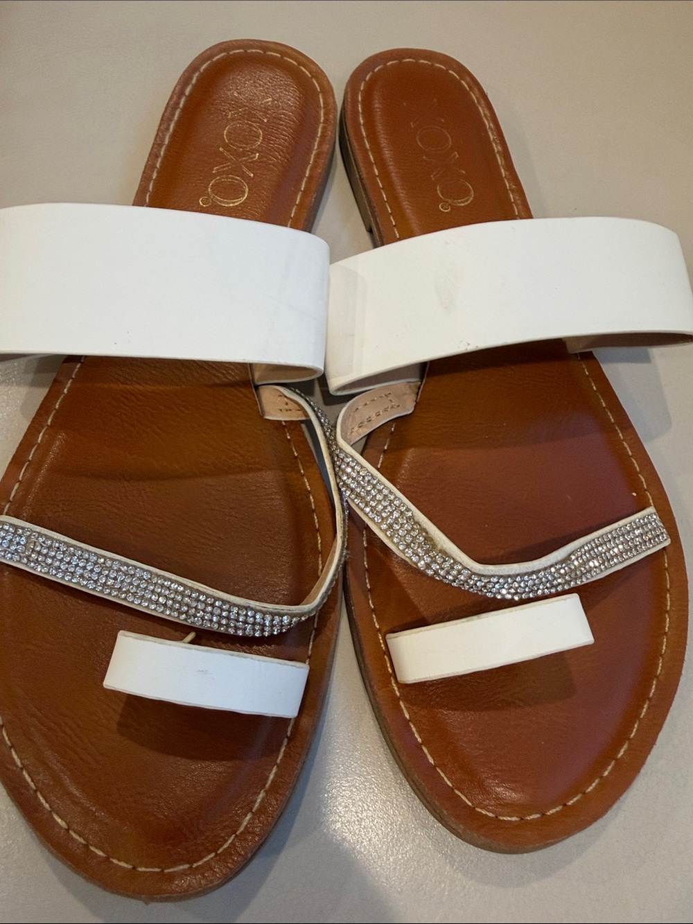 XOXO White and Brown Rhinestone Strap Slide Sandals